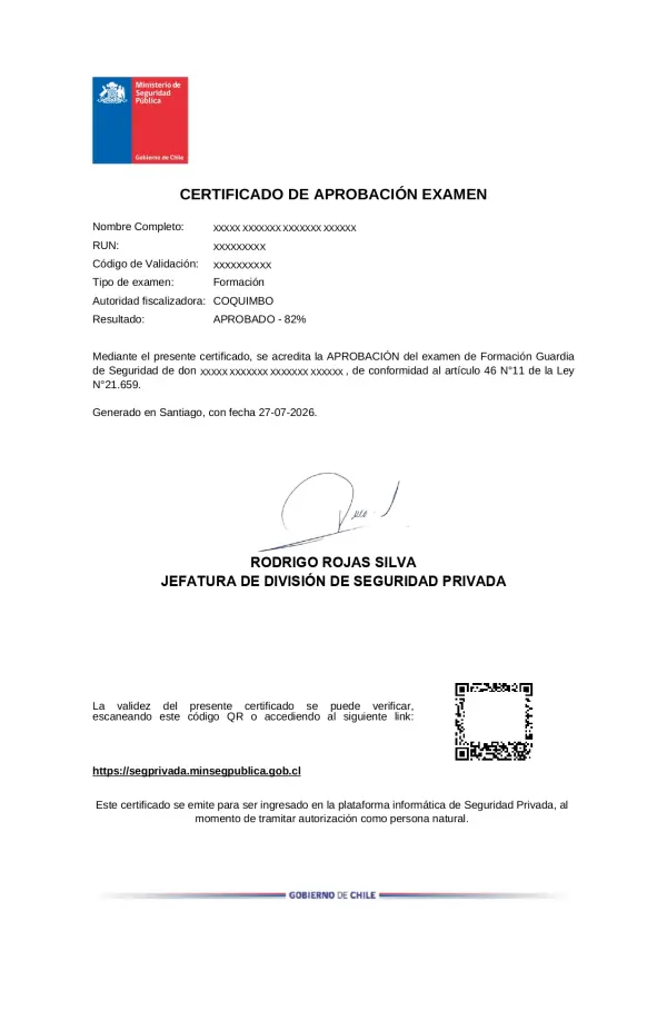 Certificado de Examinación de guardia de seguridad