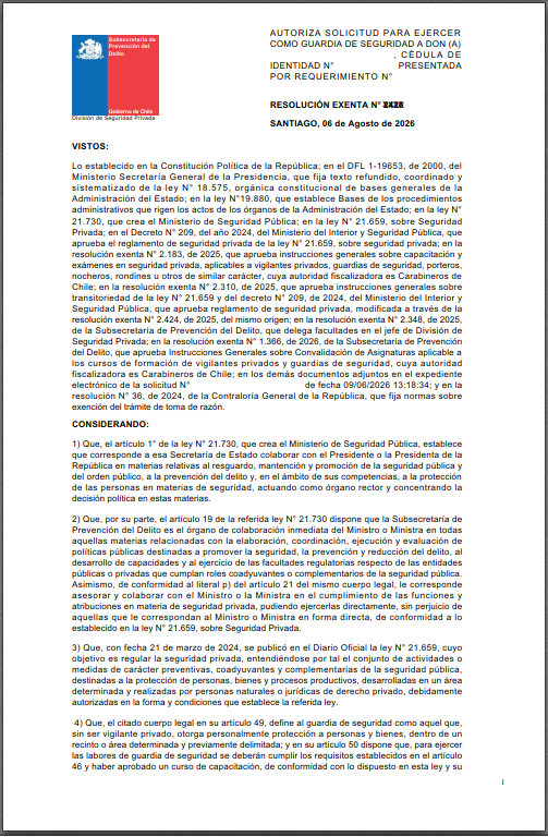 Primera página del modelo de resolución de autorización de guardia de seguridad