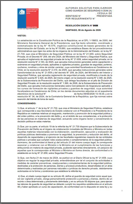 Modelo de resolución de autorización de guardia de seguridad